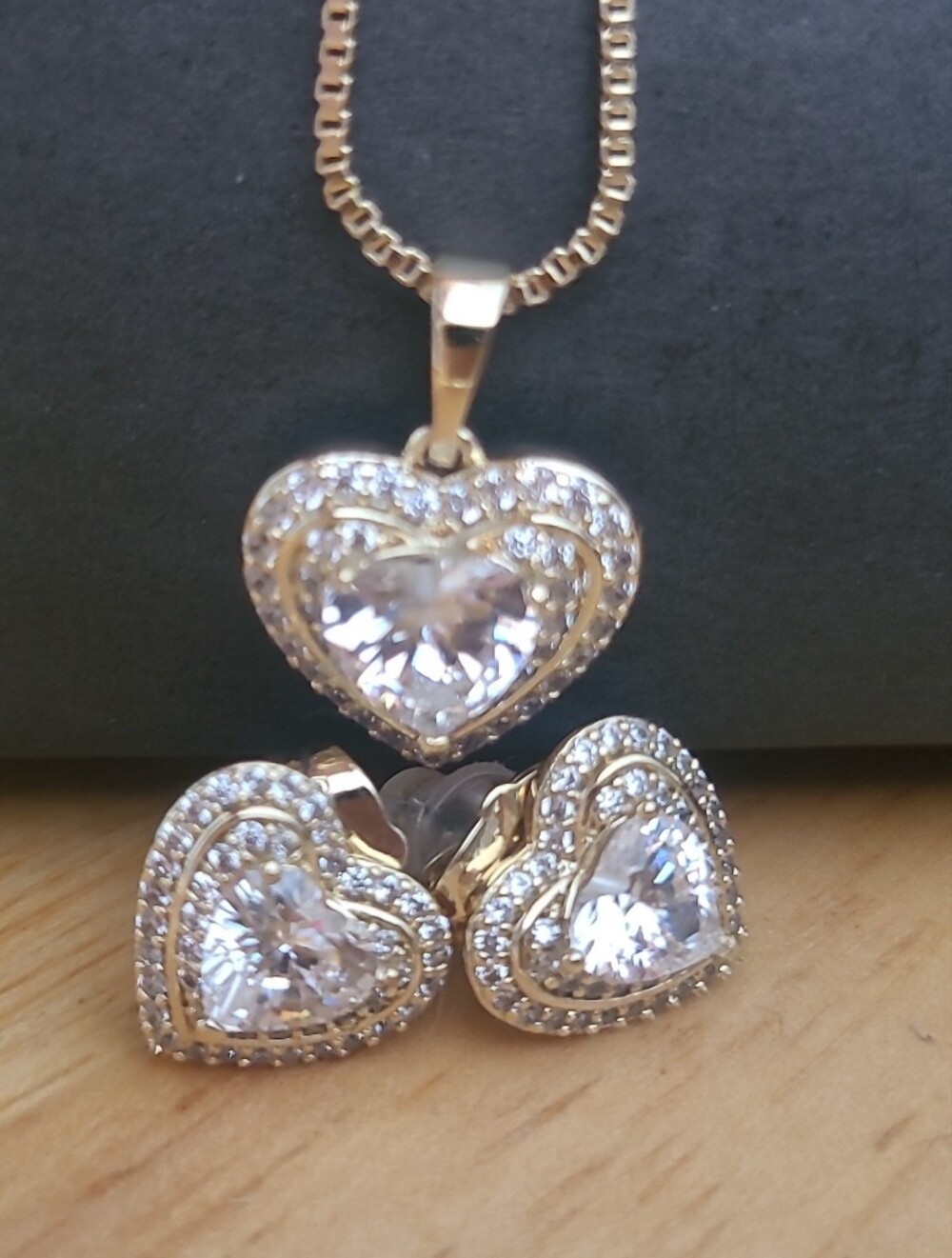 Gold Heart Pendant Necklace and Earrings with Clear Crystal Accents Never Worn